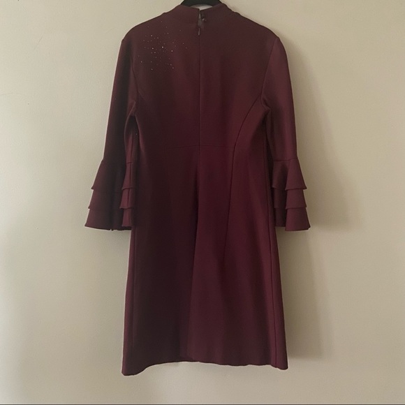 Trina Turk Dark Red Bell Sleeve Studded Turtleneck Mini Cocktail Dress - Picture 4 of 8